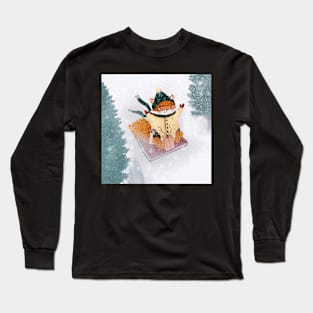 Happy Fox Sliding In The Snow Long Sleeve T-Shirt